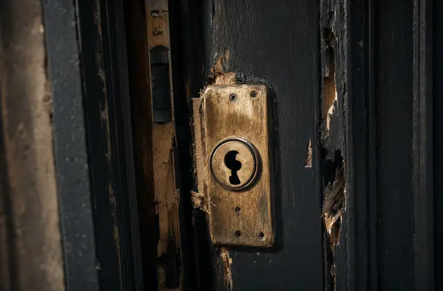Serrure forcée sur une porte en bois endommagée